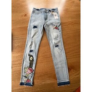 Banjara Ankle Skinny Jeans Light Blue Embroidered Distressed Size 28 NWT